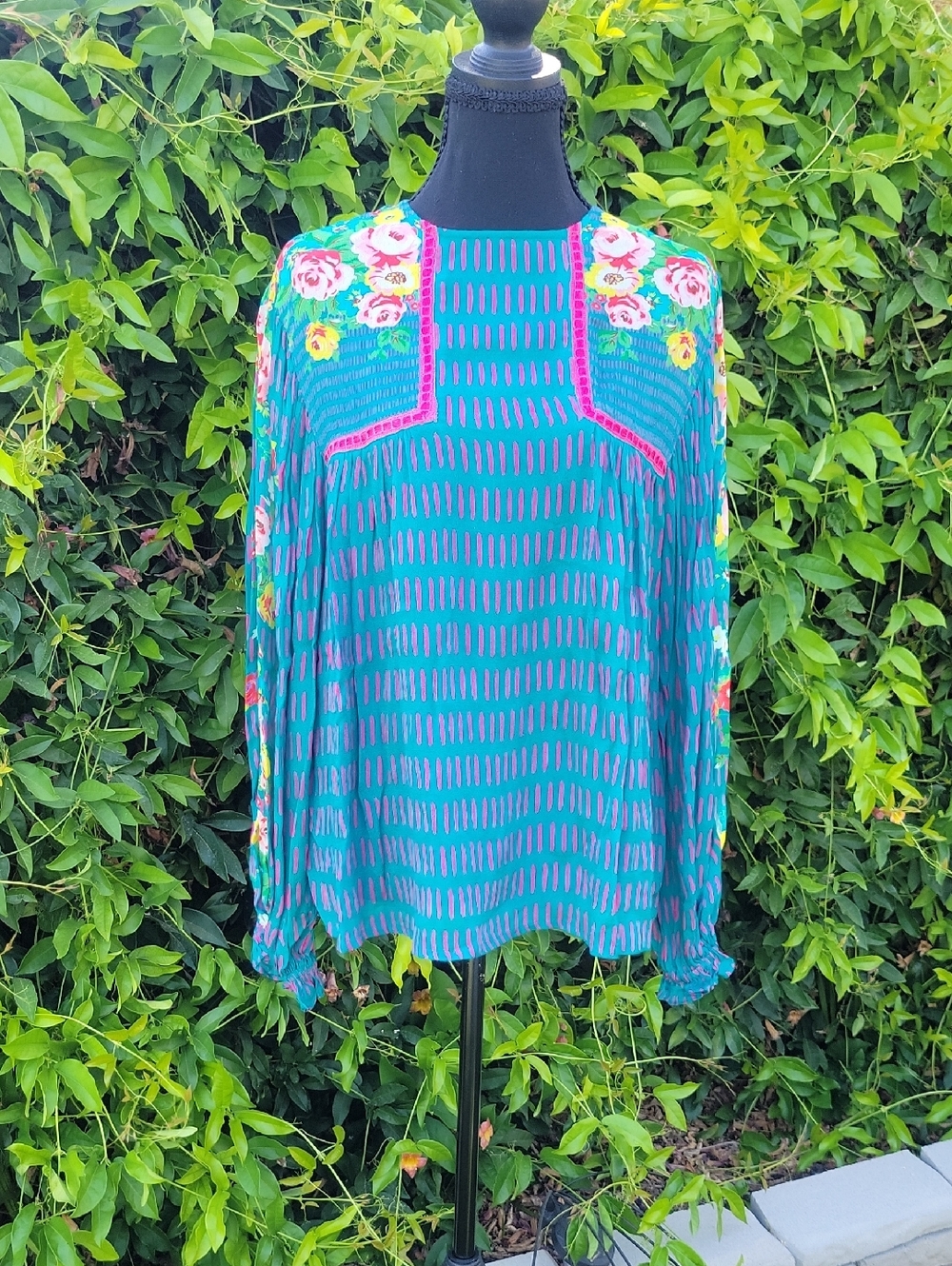 Boho Floral Teal and Pink Long Sleeve Peasant Blouse Tunic SZ S